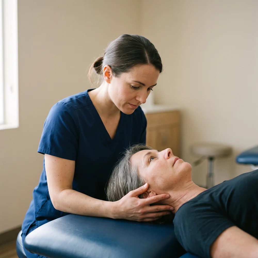 Physiotherapist supporting a patient's head during a positional vestibular assessment at Pro Motion Calgary